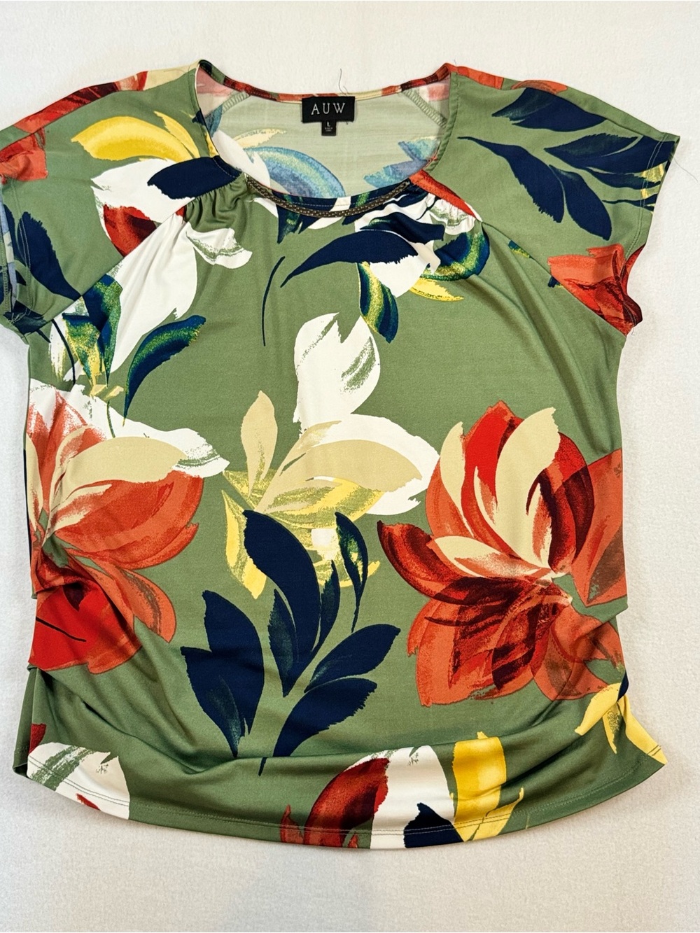 AUW Womens Floral Short Sleeve Blouse Green Orange Ruched Chain Neck Top Size L